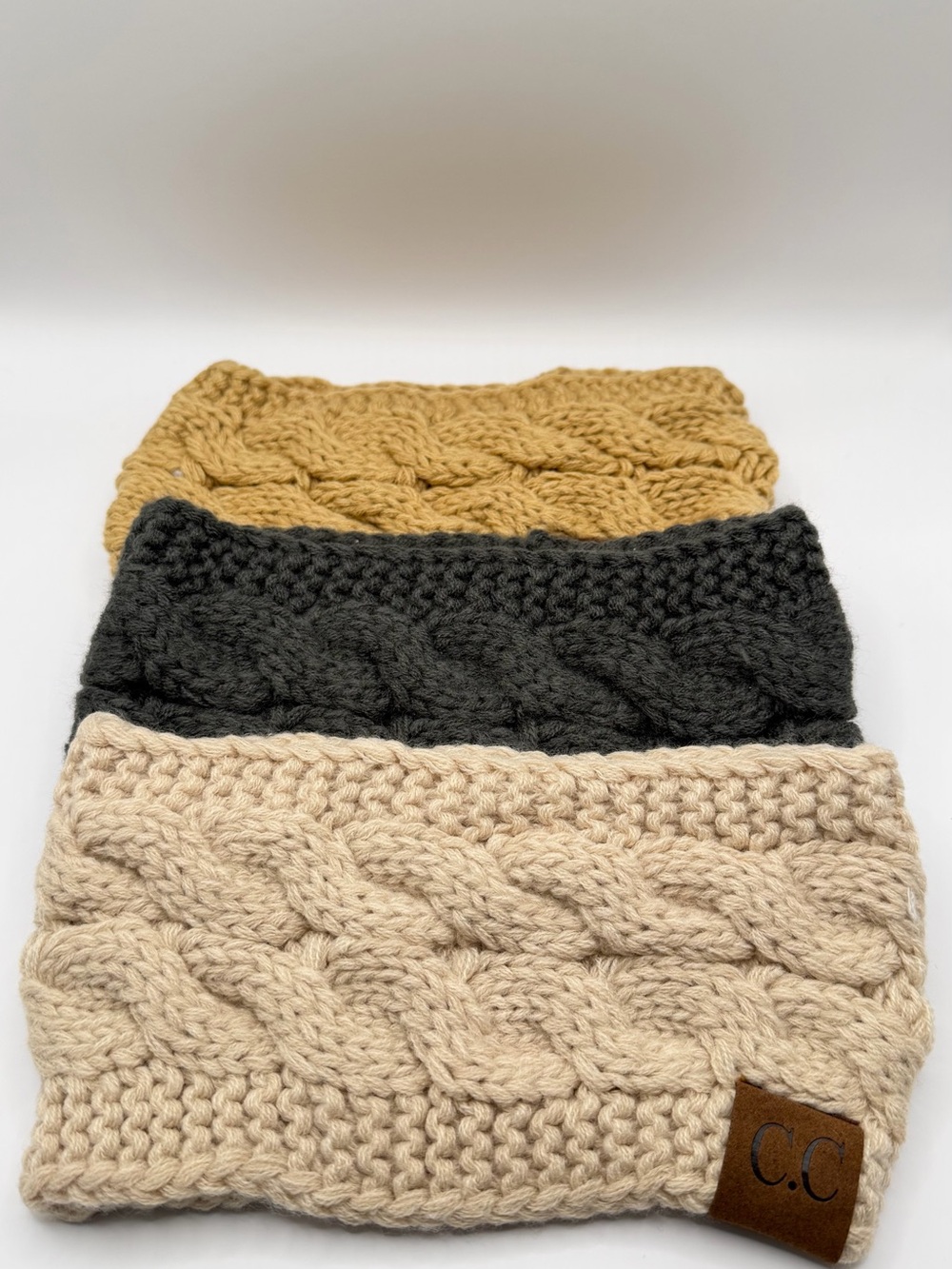 C.C Cable Knit Headbands Trio - Cream, Charcoal, Mustard